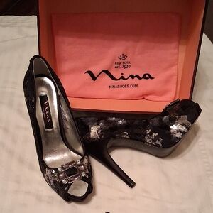 Nina Black Sequin Peep-Toe Heels